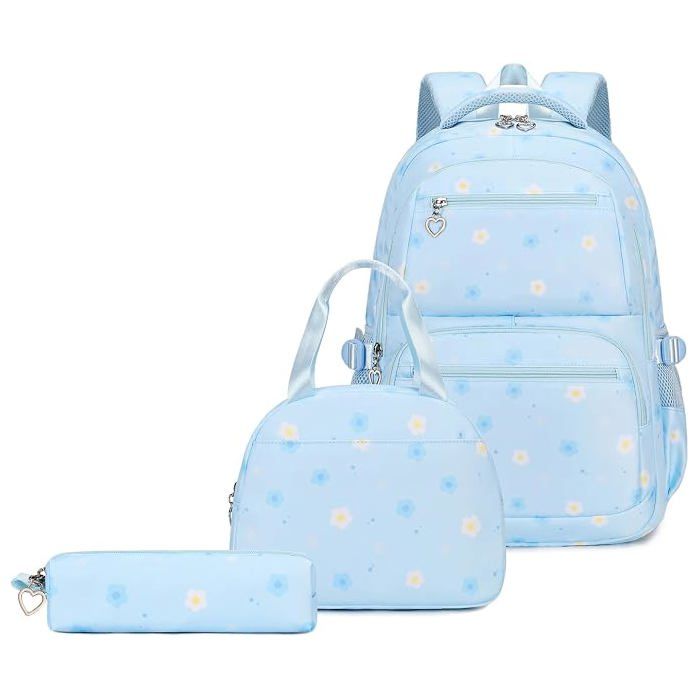 XJYDNCG 3Pcs Cartable Fille PrimaireSac à Dos ScolaireGrande Capacité Étanche Multi‑poches pour Collège Lycée - Bleu