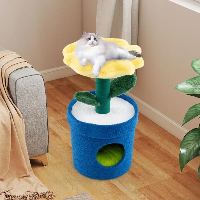 Tour chat jaune 28.5 - forme plante originale perchoir rembourré cabane poteaux griffoirs feuilles flexibles pour chats