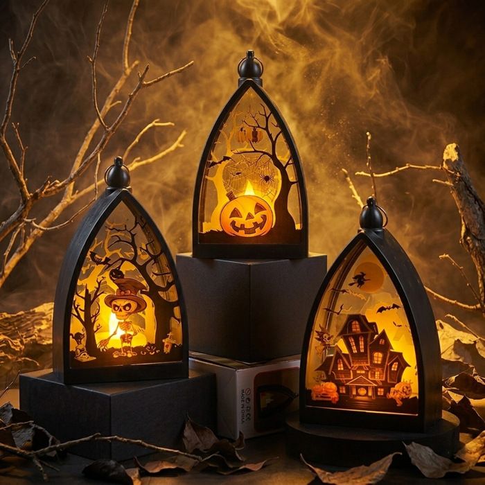 Kit décor Halloween 3 pièces - Citrouille crâne maison hantée - Bougie LED - Extérieur - Portable
