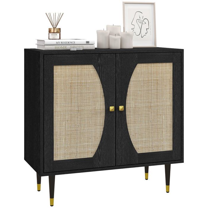 Buffet de cuisine meuble de rangement design bohème double portes avec 2 niveaux façade en rotin 80 x 38 x 79 cm noir