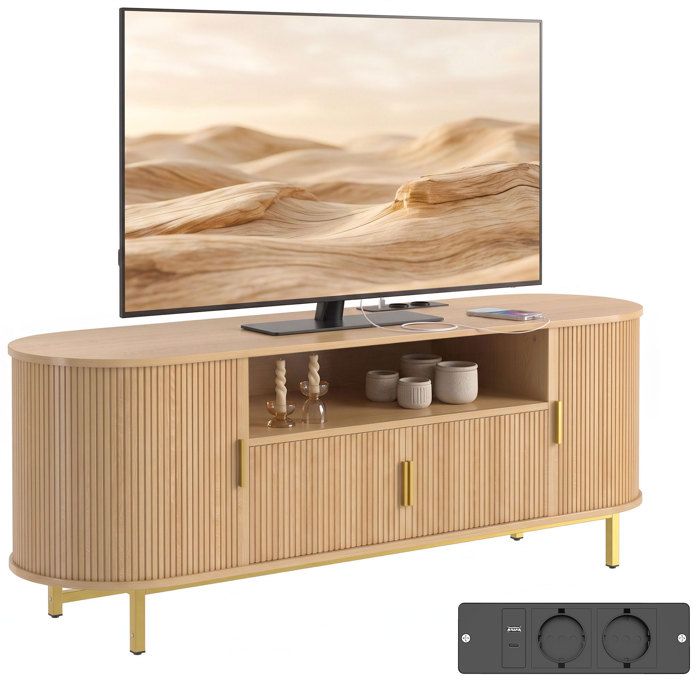 Meuble TV - HOMCOM - 84 pouces - 2 prises et 2 ports - 2 portes battantes 2 portes coulissantes - bois - 140 x 40 x 55 cm - chêne Meuble TV - HOMCOM - 84 pouces - 2 prises et 2 ports - 2 portes battantes 2 portes coulissantes - bois - 140 x 40 x 55 cm - chêne