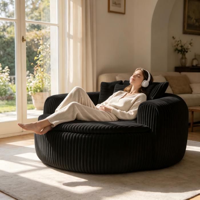 ROVRYN Fauteuil lounge 1 place noir en velours côtelé assise profonde 5 coussins