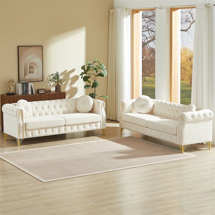 Canapé 6 places 208 3 x 287 9 x 73 6 cm - Ensemble de 2 canapés en velours style Chesterfield avec pieds dorés - Beige Canapé 6 places 208 3 x 287 9 x 73 6 cm - Ensemble de 2 canapés en velours style Chesterfield avec pieds dorés - Beige