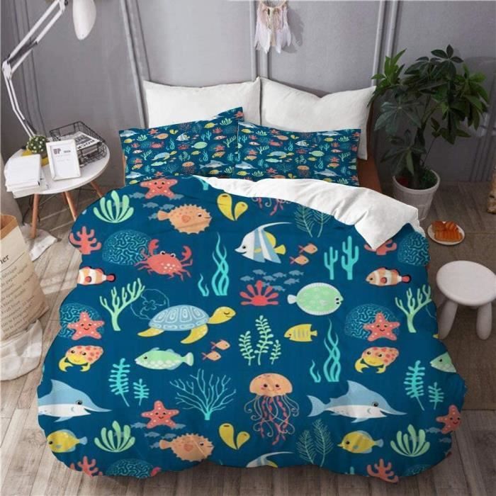 Housse de Couette,Dessin animé Fond de mer Poisson Crabe Enfant Bulle