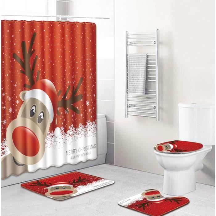 Ensemble de rideaux de douche de Noël pour salle de bain, 4 pièces mignonnes décorations de Noël avec tapis de bain antidérapant,