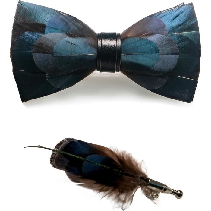 JEMYGINS Noeud Papillon Homme Plume Fait Main + Broche - Coffret Bois Élégant, Style Unique Pour Mariage & Soirées