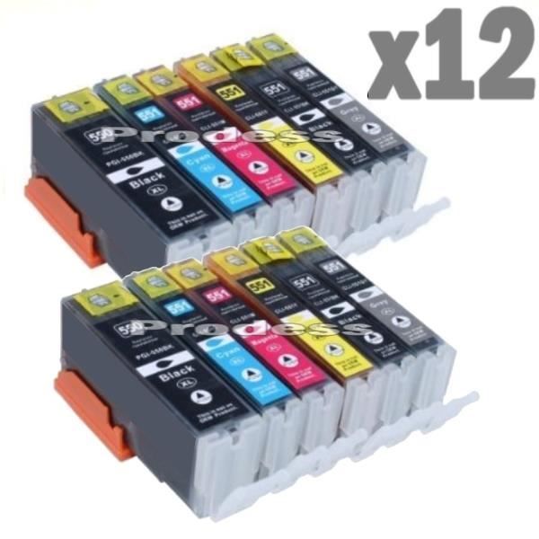 12 Cartouches Compatibles Canon PGI-550 CLI-551 GY - Multicolores, Pour Impression Jet D'Encre