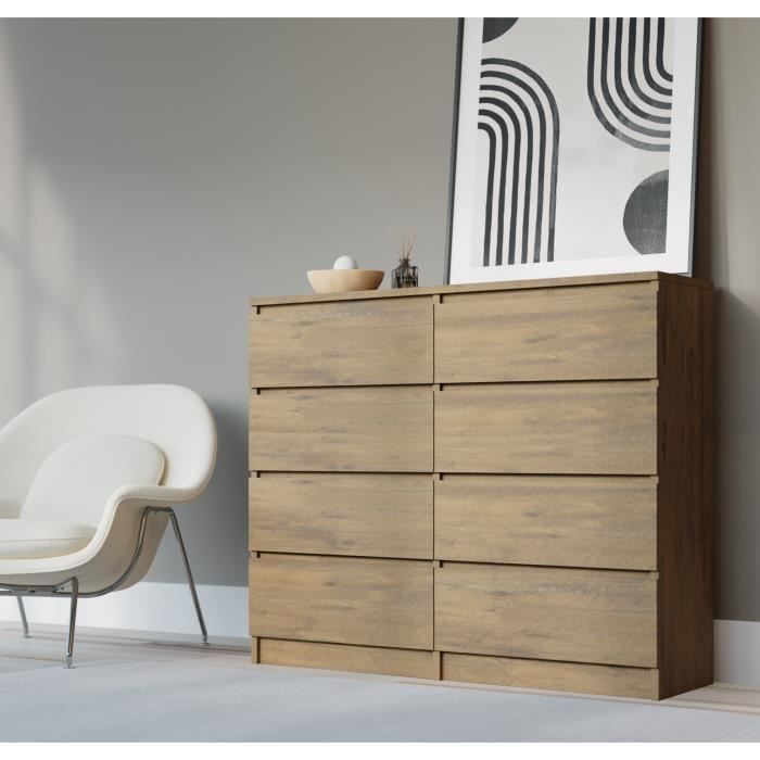 Commode 120 cm avec 8 tiroirs de style scandinave Couleur : Chêne Lancelot Dimensions : L : 120 cm x P : 39 cm x H : 102 cm