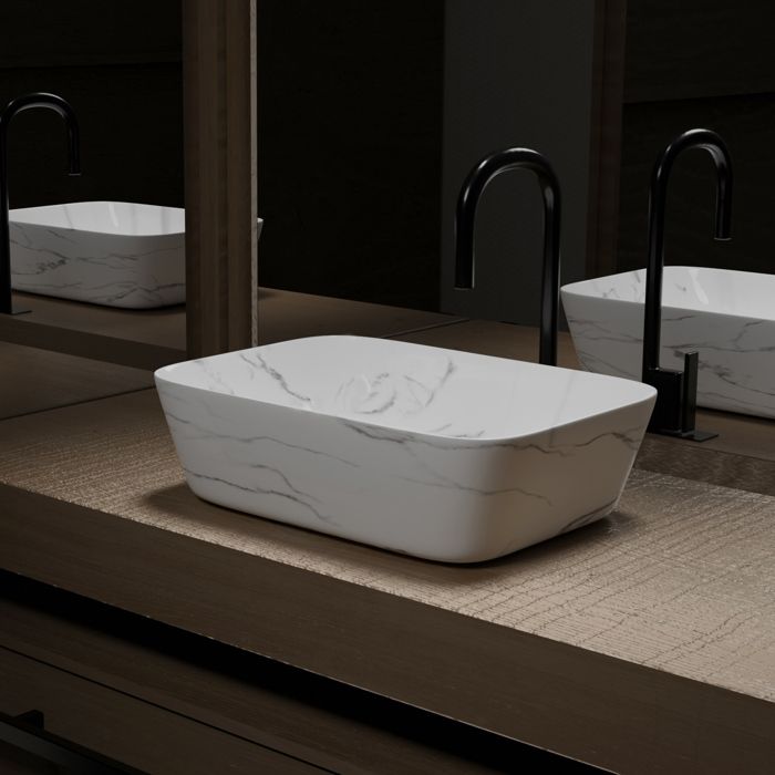 Vasque à poser Rectangle en Céramique Blanche Mat Effet Marbre - 45 5x32 5x13 cm - WHITE MARBLE Vasque à poser Rectangle en Céramique Blanche Mat Effet Marbre - 45 5x32 5x13 cm - WHITE MARBLE