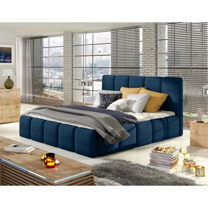 Lucea - lit coffre queen size - 160x200 - sommier inclus - en velours - Bleu nuit