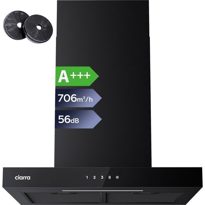 CIARRA Hotte Aspirante 60cm WI-FI et Commandes Tactiles A+++ 650 m3/h Booster LED Affichage Noir