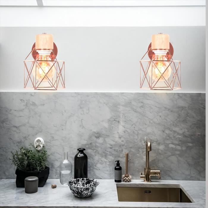 MOGOD Lot de 2 Applique Murale Industrielle Réglable - en Cage Ø15cm Or Rose - E27 Plafonnier Lampe Murale en Métal Bois