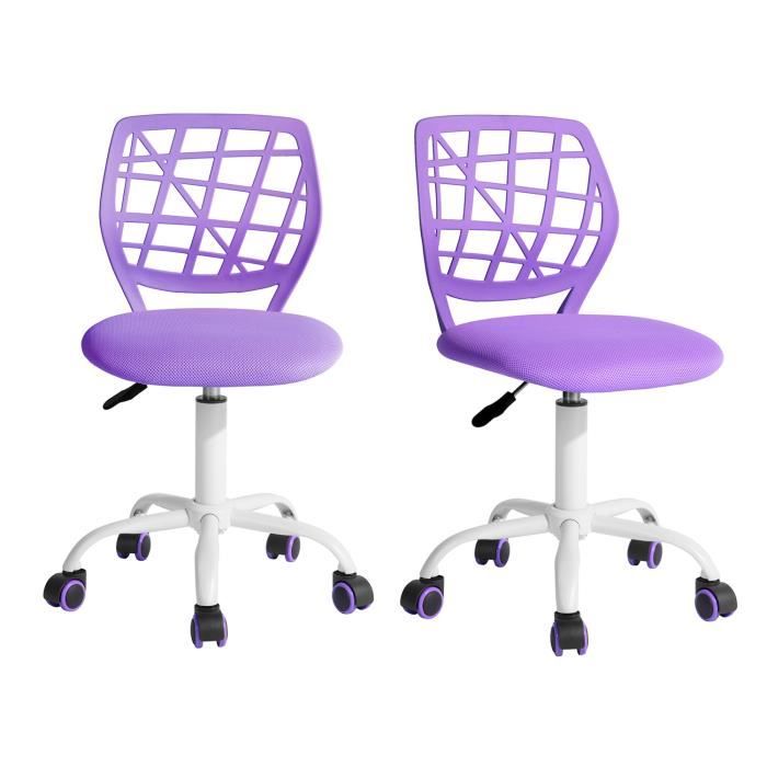 furniturer lot de 2 chaise de bureau adolescents pivotante réglable avec siège en tissu ergonomique, violet