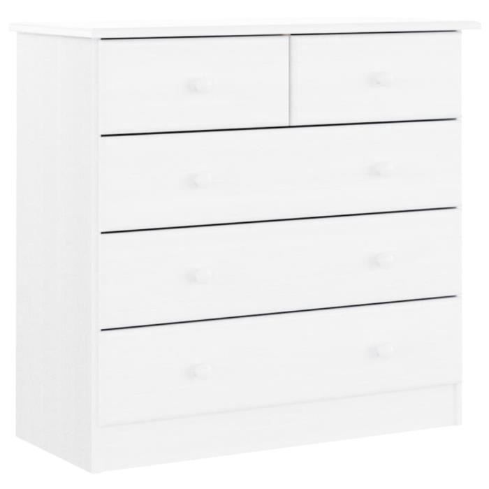 Commode - FYDUN - ALTA - Bois massif de pin - 5 tiroirs - Blanc - 77x35x73 cm