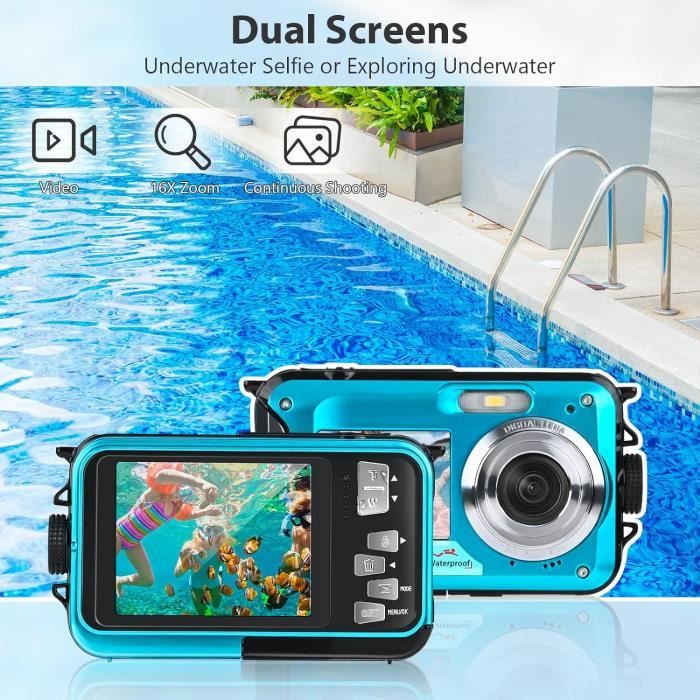 Comius Sharp Caméra Étanche 10FT 30MP Photo FHD Vidéo 16X Digital Zoom avec Carte Mémoire 32G et Selfie Double Écrans pour Selfie