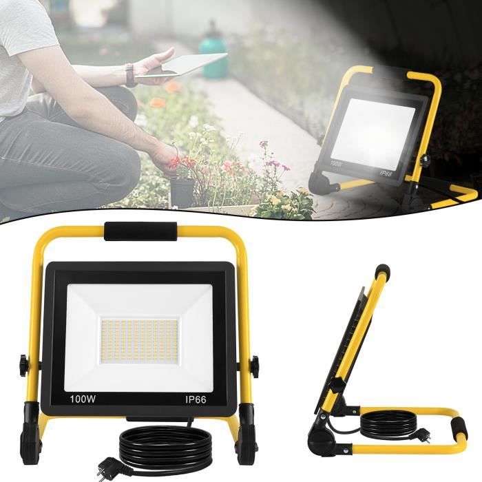 HENGMEI Projecteur LED 100W Lampe de chantier Led Extérieur portable IP66 Etanche avec support 3m câble Blanc froid