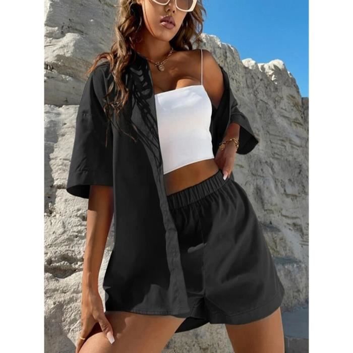 Ensemble chemise et short taille haute pour femme tenue chic decontractee a manches courtes ete 2023 2 pieces Black A3590 Blanc Cdiscount Pret a Porter