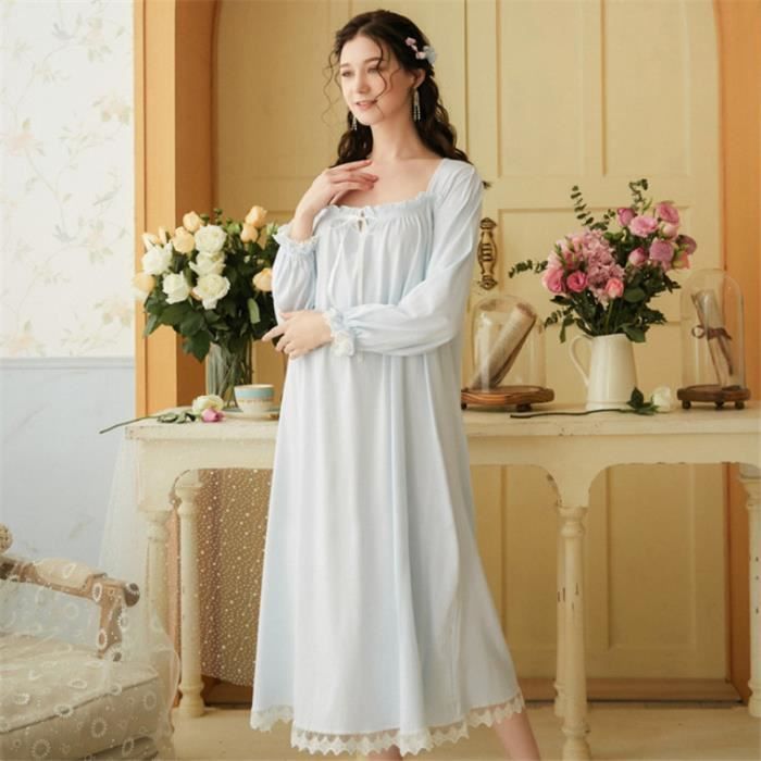 Pyjama Femme XY Robe dentelle lache Homewear Coton respirant Manches longues Bleu Bleu Cdiscount Pret a Porter