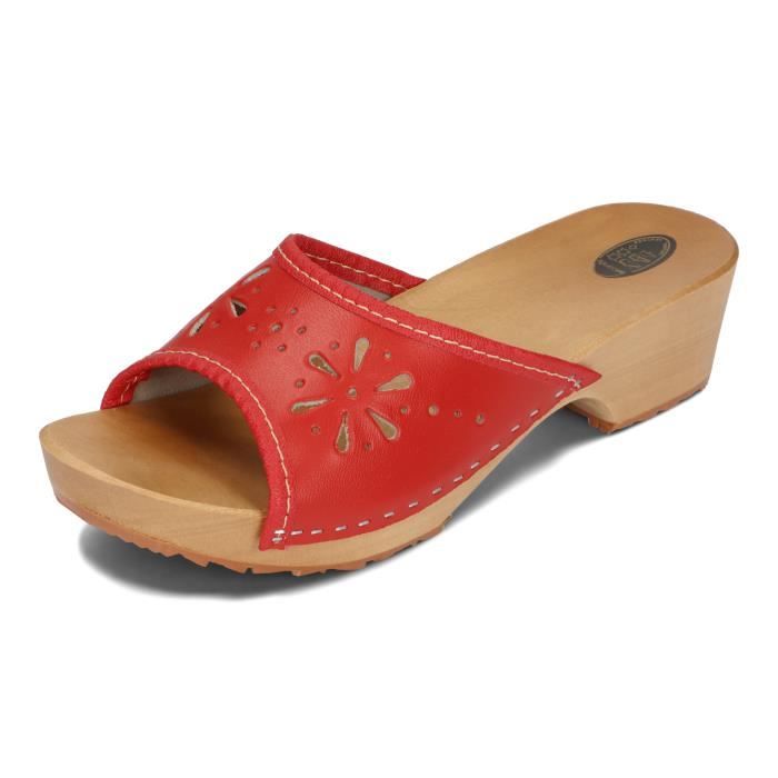 Sabots en cuir rouge pour femmes BeComfy Semelle en bois naturel