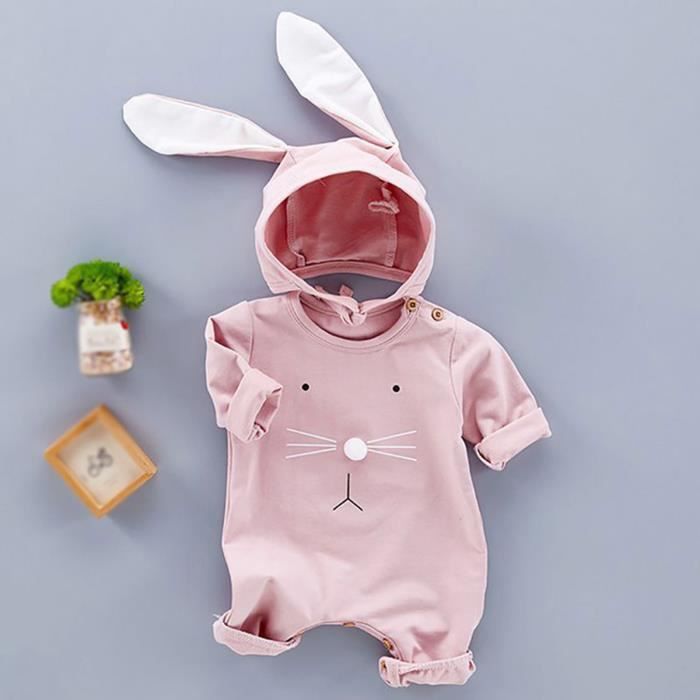 Barboteuse Lapin Brodée Pâques Bébé Fille - Robe à Volants Manches Longues + Bandeau