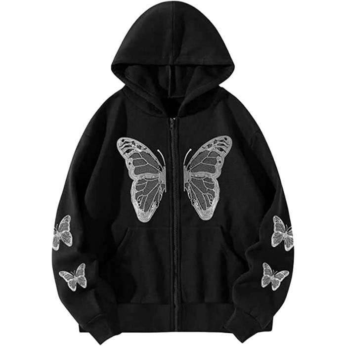Sweat à Capuche à Zippé Manches Longues Sweat Oversize Zip Strass Sweat à Capuche Goth Squelette