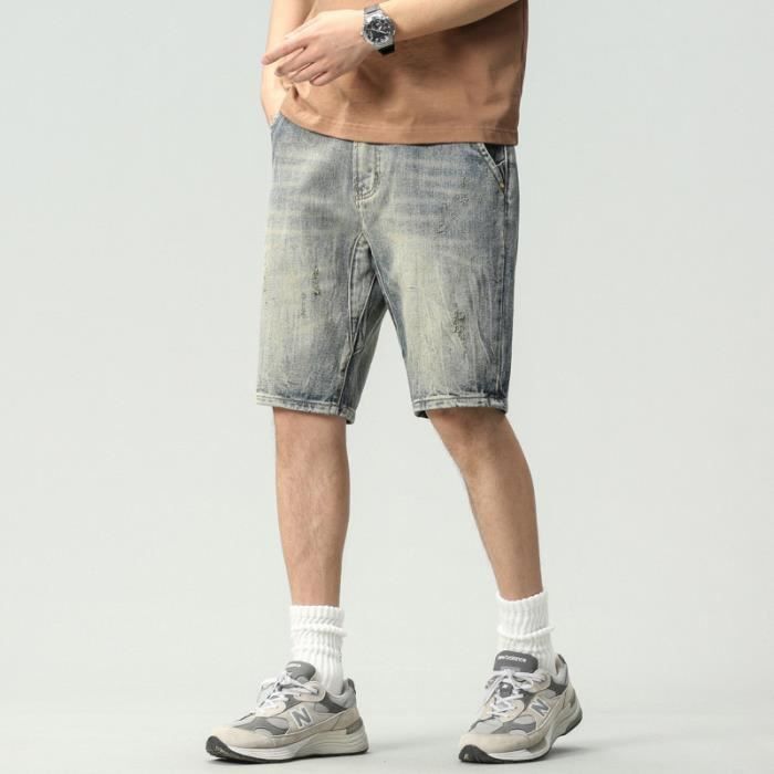 Short en Jean Homme Vintage Coupe Droite Casual Denim Effet Delave