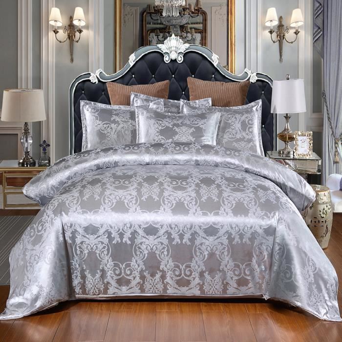 Ensemble Housse de Couette - NEUFU - Jacquard Satiné - 220x240cm - 2 Taies 50x70cm - Gris