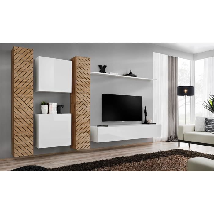 ensemble de meubles design de salon switch vi. coloris blanc et chêne finition blanches brillantes et chêne effet fraisé.