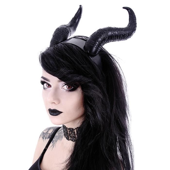 SHOPANTS Serre-tête en corne de sorcière carnaval bal masqué accessoire pour cheveux de diable costume pour femme avec collier gothique vintage en dentelle noire pour cosplay