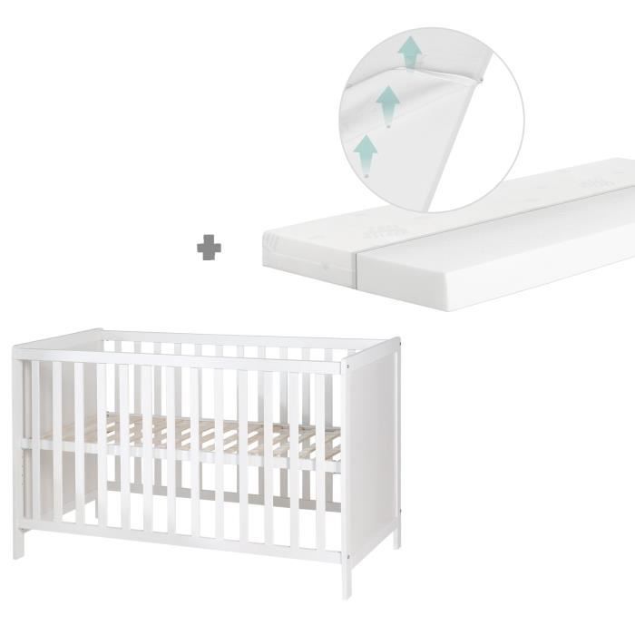 Lit Bébé 2 en 1 - ROBA - Blanc - Sommier Réglable - Matelas Inclus Lit Bébé 2 en 1 - ROBA - Blanc - Sommier Réglable - Matelas Inclus