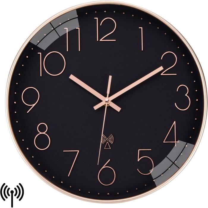 Horloge 300 mm - Verre minéral - Sur pile - Radio-pilotée - Design - Lunette alu brossé - Silencieuse
