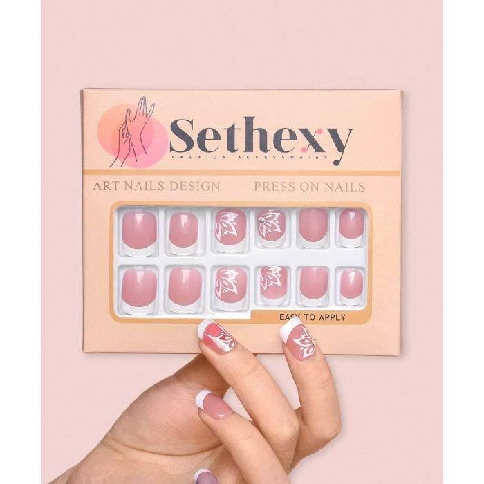24 Faux Ongles Carrés Court Style French Rose Brillant Avec Paillettes - Marque Ceboic - Neuf