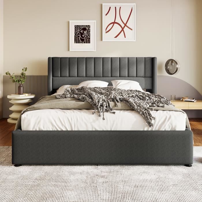 lit coffre lit de rangement lit rembourré hydraulique lit avec sommier lit double 180x200 cm lin gris