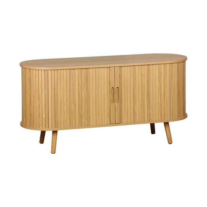 Meuble TV scandinave 2 portes coulissantes. 4 compartiments. décor bois rainuré naturel. L120 x 40 x 57 cm Meuble TV scandinave 2 portes coulissantes. 4 compartiments. décor bois rainuré naturel. L120 x 40 x 57 cm