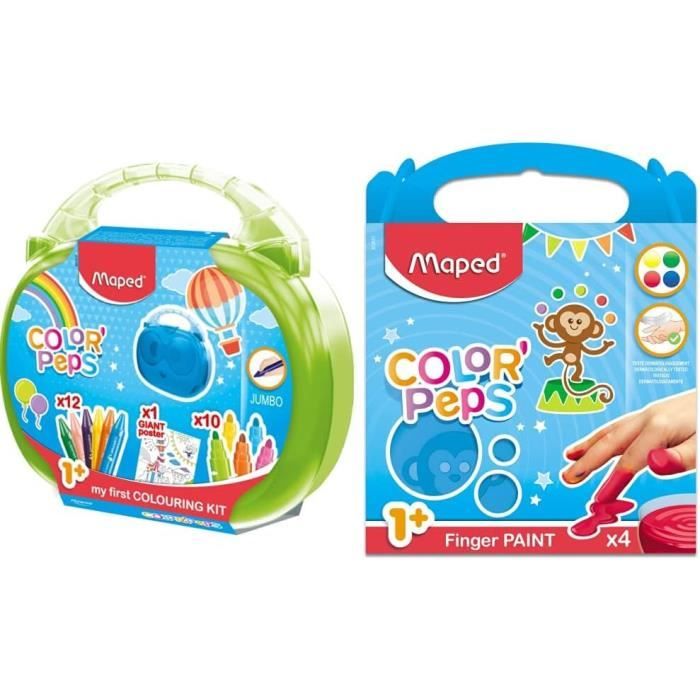 Maped Color'Peps Malette De Coloriage Pour Bébé Et Enfant Dès 1 An & Color'Peps 4 Pots De Peinture Doigt Pour Bebe Et Enfant Des 1 An Gouache Pots De 80 Gr Nettoyage Facile A L Eau