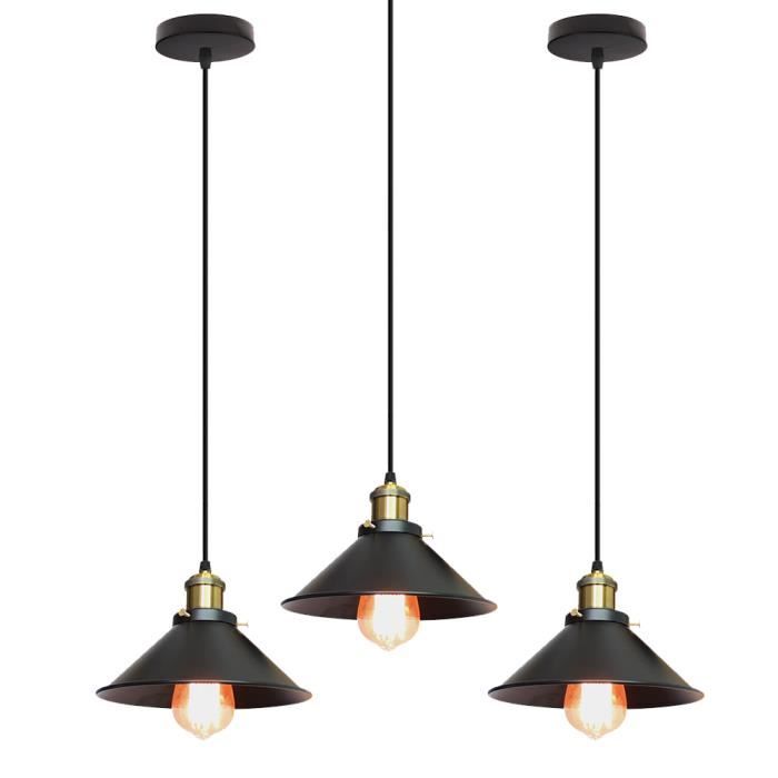 UNI 3 Pack Suspension Luminaire Industrielle Vintage Lustre Abat-jour Metal E27 22cm Noir
