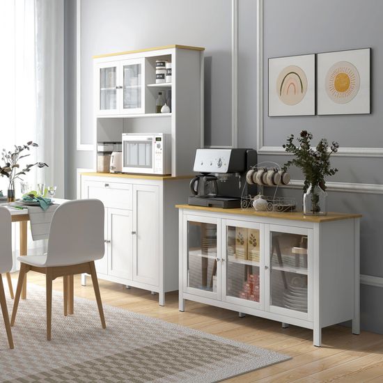 Buffet Bas Cuisine Blanc Rustique 100x40x105cm - 3 Tiroirs, Compartiment Ouvert, Étagère Réglable | MDF