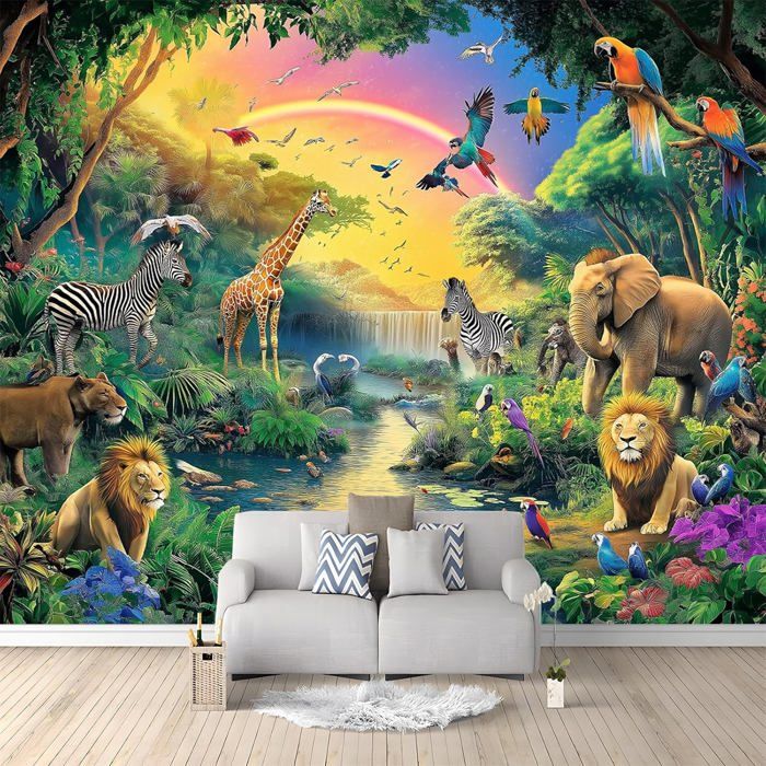 Papier Peint Mural Salon Animaux De La Jungle Tropicale Oiseaux 350x256 ...