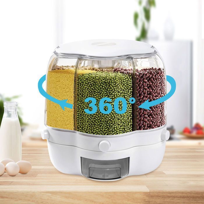Grand Distributeur Céréales Rotatif 6 Grilles - Seau Riz 12,5kg Avec Couvercle