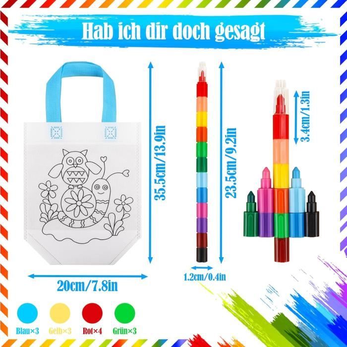 WEDAMOO – 12 Sacs à Colorier En Tissu + 6 Crayons Empilables 12 Couleurs – DIY Pour Anniversaire, école, Cadeaux – 23,5 X 22,5 Cm