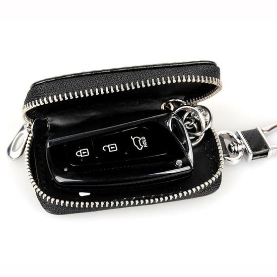 Protection clé de voiture sac faraday clé de voiture signal blindage boîte  RFID anti-vol cuir boîte clé télécommande étui avec crochet et porte-clés  (noir)