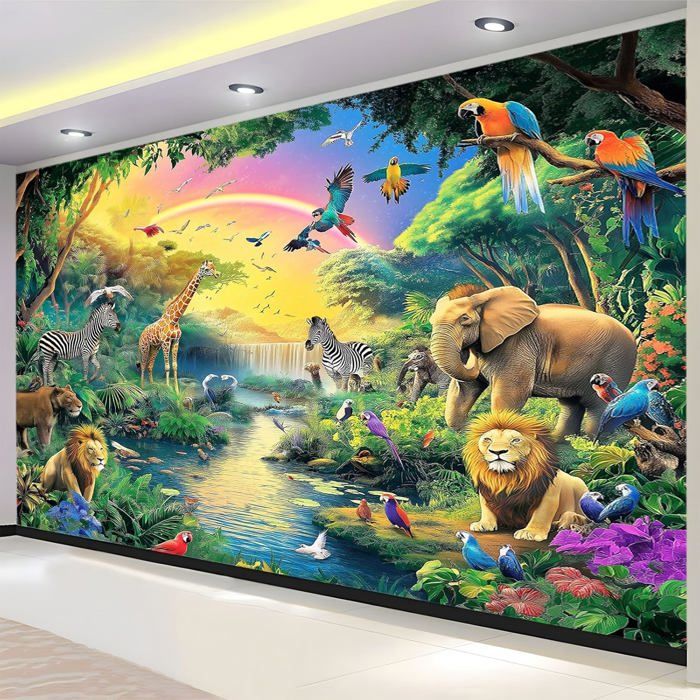 Papier Peint Mural Salon Animaux De La Jungle Tropicale Oiseaux 350x256 ...