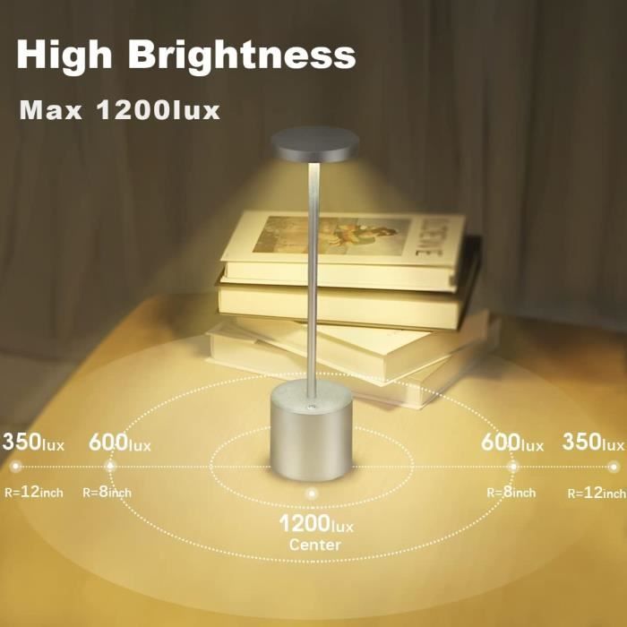 Lampe de table sans fil rechargeable, 5000mAh lampe de bureau LED en métal  design charge usb, 3 modes de couleur, pour chevet, exterieur, terrasse,  restaurant