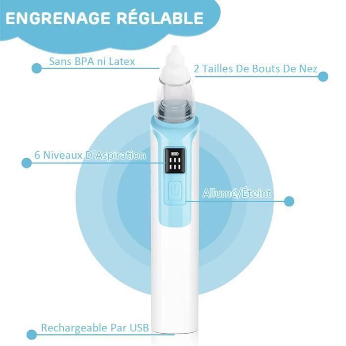 Aspirateur Nasal Bébé Électrique Rechargeable - 3 Niveaux D'Aspiration, 3 Embouts Silicone, Fonction Musicale Et Lumières