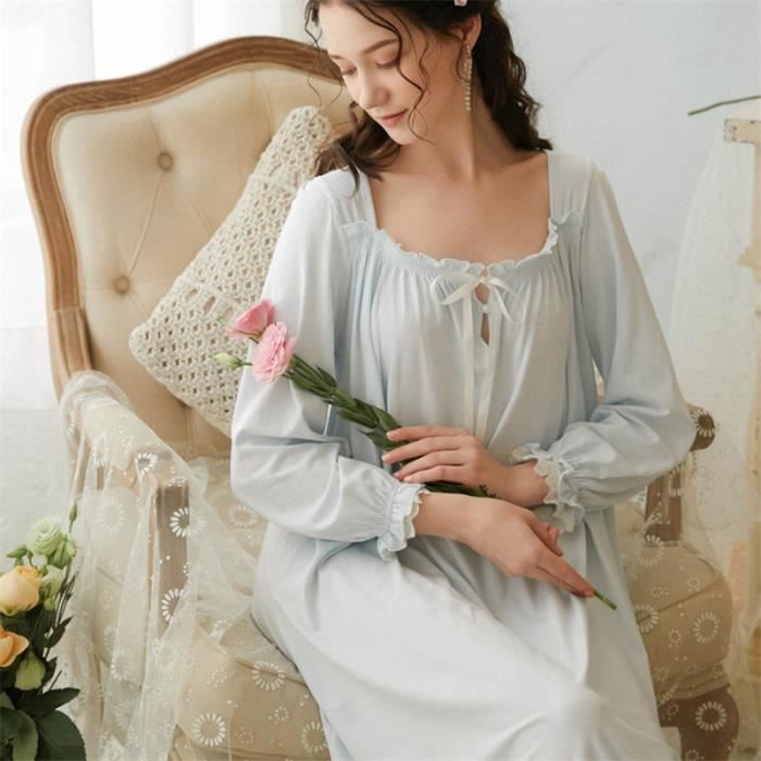 Pyjama Femme XY Robe dentelle lache Homewear Coton respirant Manches longues Bleu Bleu Cdiscount Pret a Porter