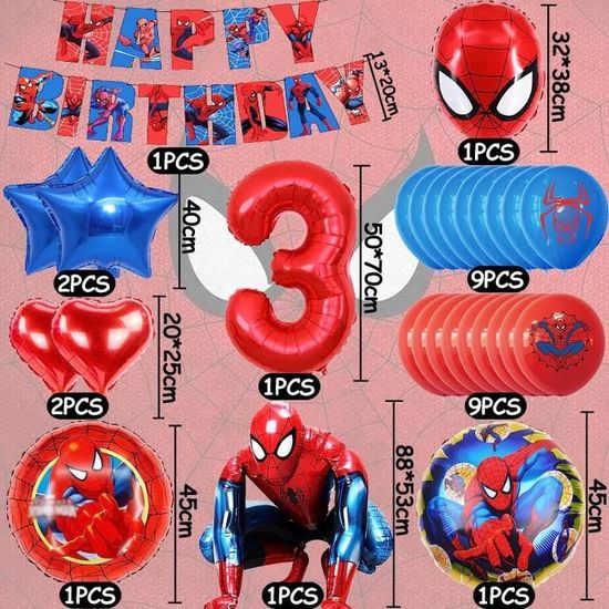 Lot De Ballons Gonflables Spider-Man Thème 3 Ans - Rouge Et Bleu, Confettis, étoiles, Araignées