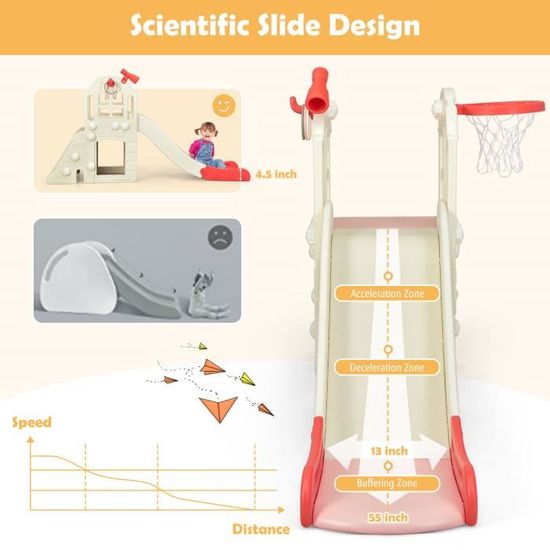 GOPLUS Toboggan 6 En 1 Intérieur/Extérieur – Panier Basket, Télescope, Cachette – 1-3 Ans – Rose