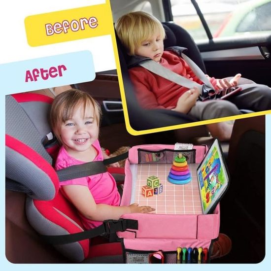 Plateau Auto Enfant Pliable Avec Sangles - Bureau Sur Les Genoux 40x32 Cm, Poches De Rangement, Pour Voyages