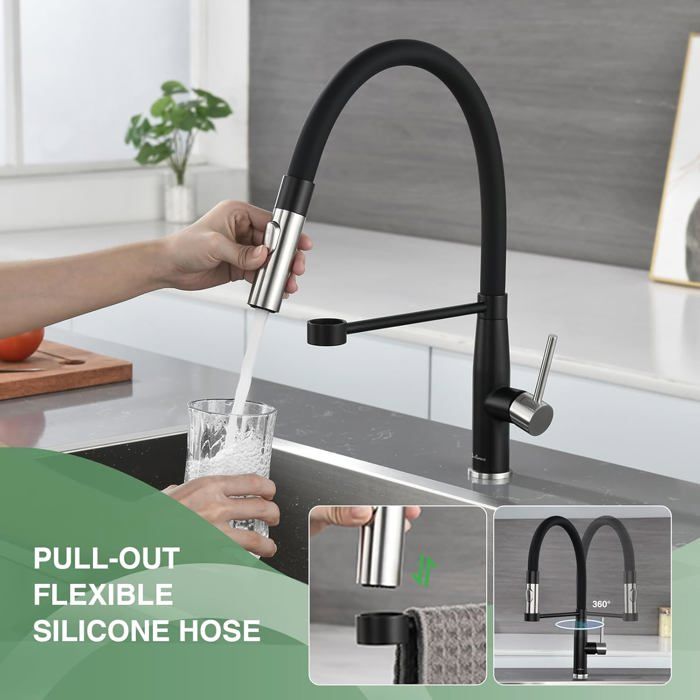 Robinet De Cuisine Haute Pression Avec Bec Flexible - Noir Mat