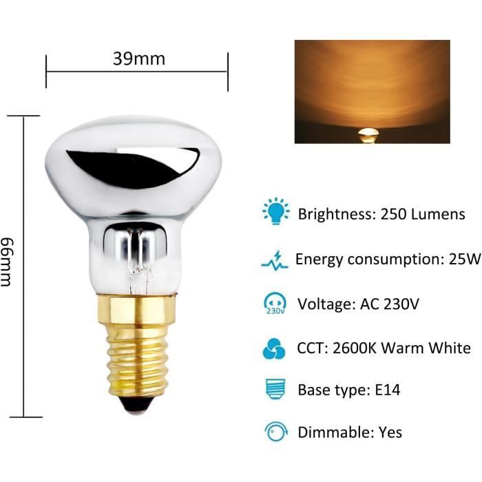 Ampoule E14 R39 25W Dimmable Blanc Chaud 2600K Pour Lampe De Lave